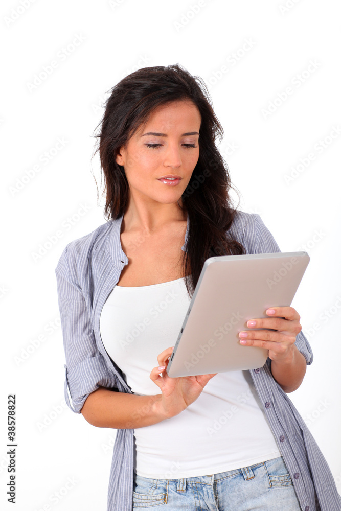 Young woman with digital tablet on white background Young woman with digital tablet on white background