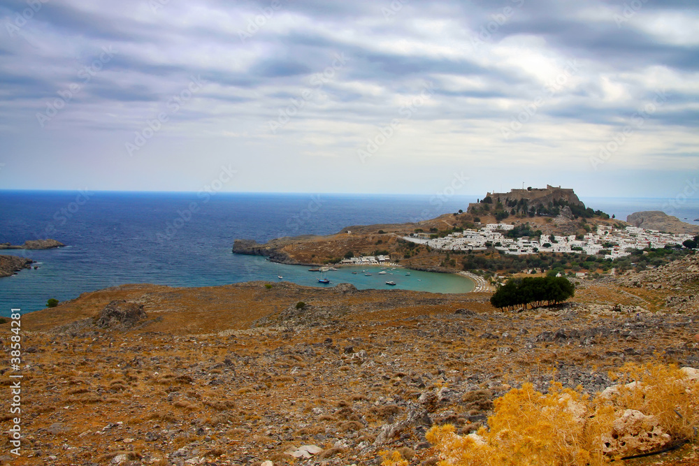 Greece,Rhodes. Aerial view on St. Paul's bay in Lindos...