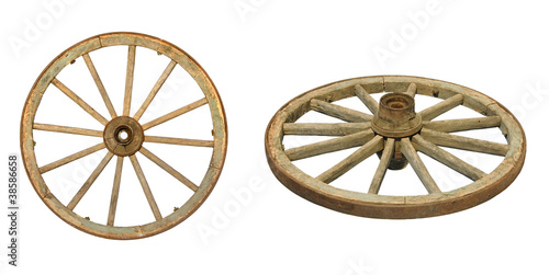 Old wooden wheel isolated on white background