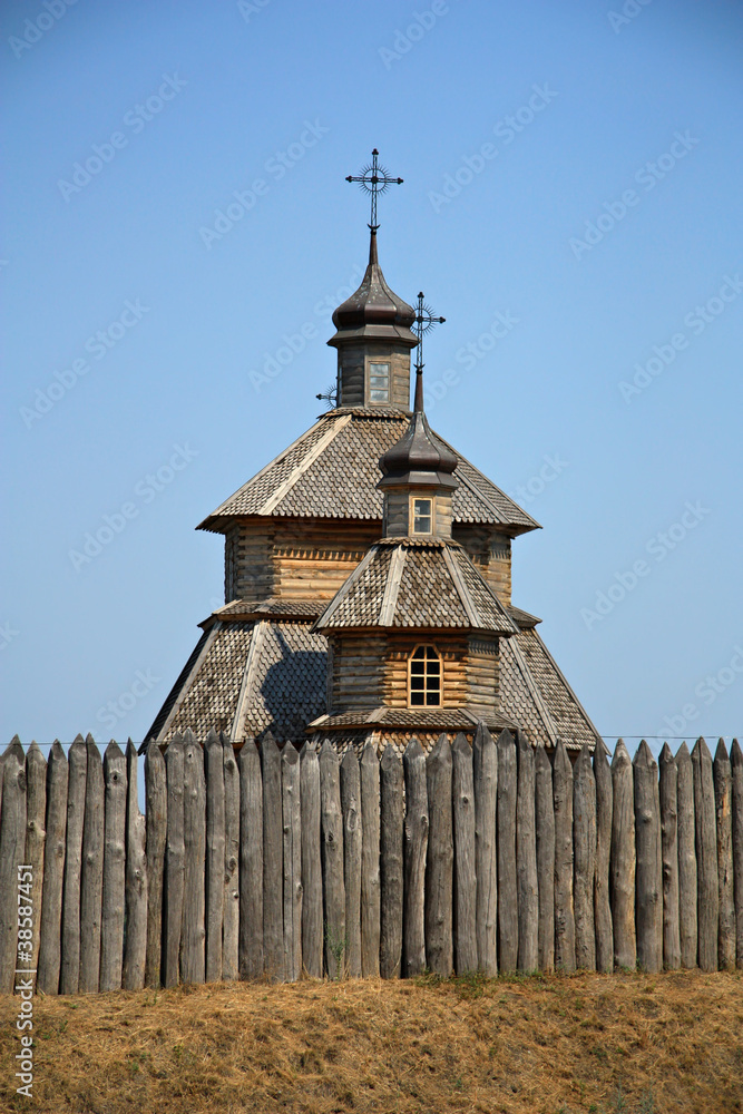 Fototapeta premium wooden church in Zaporizhian Sich, Ukraine