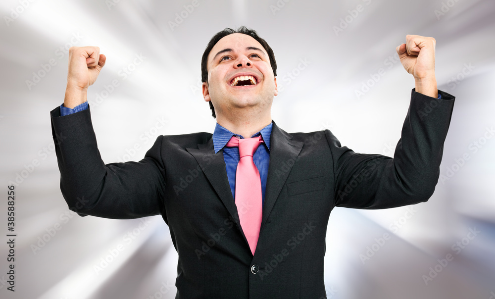 Happy businessman with open hand Happy businessman with open hand