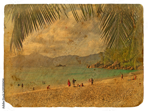 Tropical landscape  Seychelles. Old postcard.