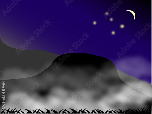 vector illustration of a mountain in fog at night