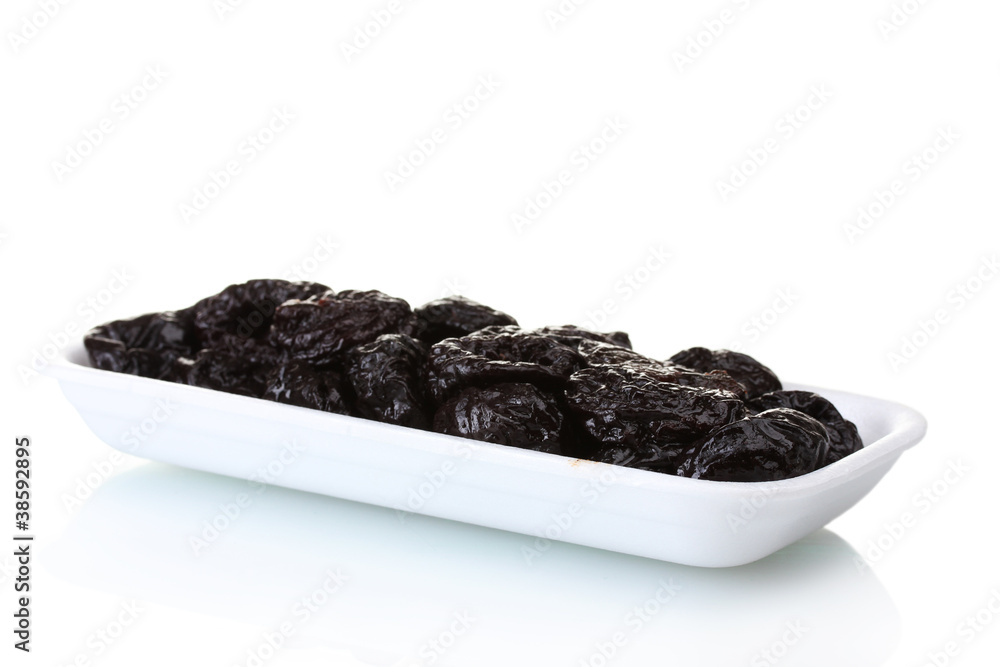 yummy dried plums in packaging isolated on white yummy dried plums in packaging isolated on white