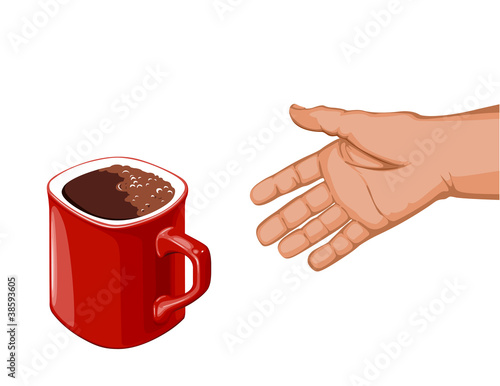 hand goes to the red cup of coffee to take her