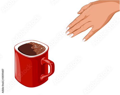 hand goes to the red cup of coffee