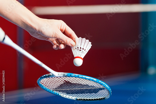 Badminton in einer Turnhalle - Hand mit Ball