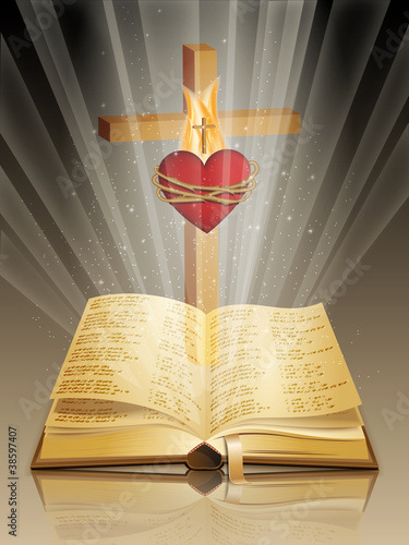 holy bible with cross and sacred heart