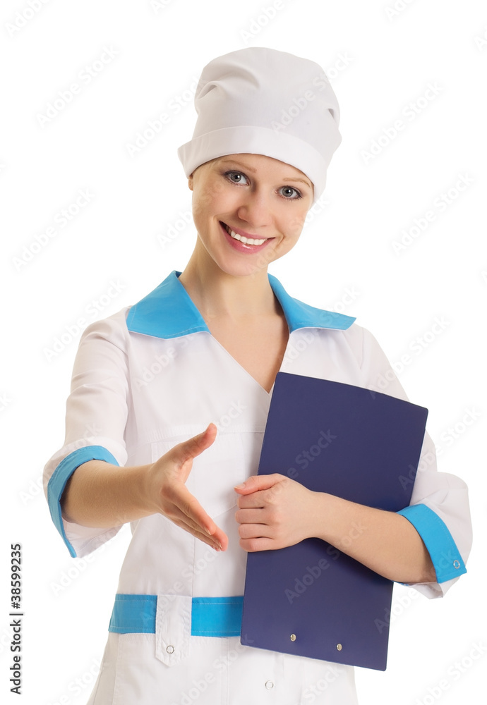 attractive young woman doctor shaking hands attractive young woman doctor shaking hands