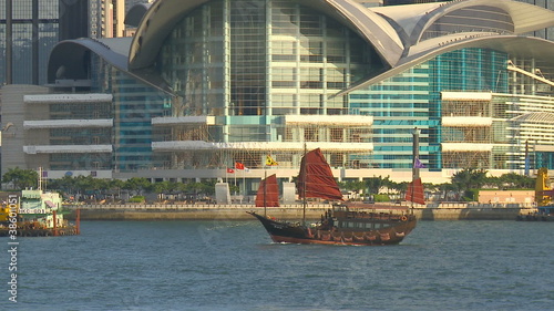 galleon passing Hong Kong Convention and Exhibition Centre