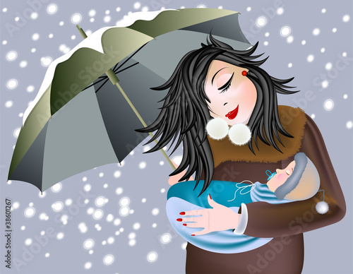 Mom and baby are with umbrella sheltering from snow
