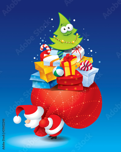 Christmas card with Santa, lots of gifts and christmas tree