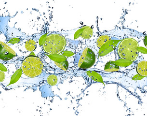 Küchenrückwand glas motiv Spritzendes Wasser Frische Limetten im Spritzwasser, isoliert auf weißem Hintergrund  © Jag_cz