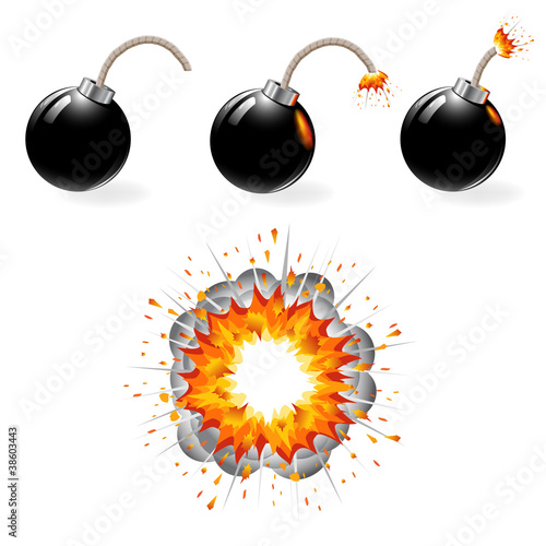 Set of burning black bombs and explosion