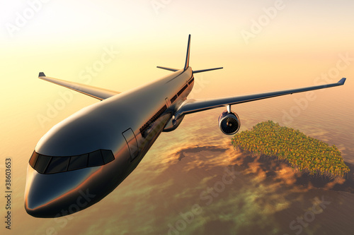 Airplane Over Caribbean Area Sunset 3D render