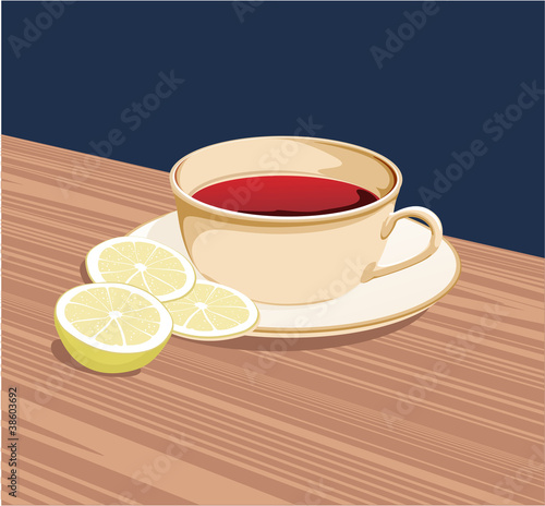 cup of tea and slices of lemon is on the saucer and the table