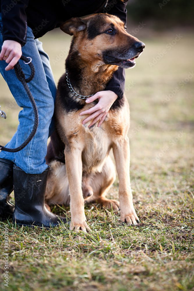 Master and her obedient (German shepherd) dog