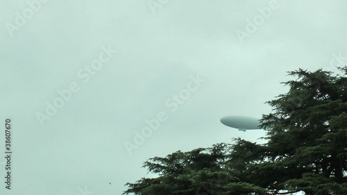 Blimp crossing above trees