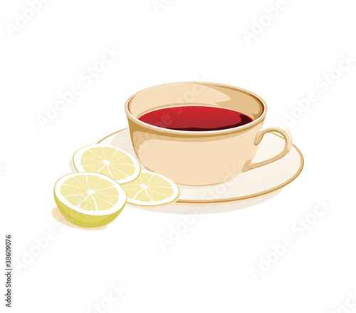 cup of tea and slices of lemon on a plate on a white background