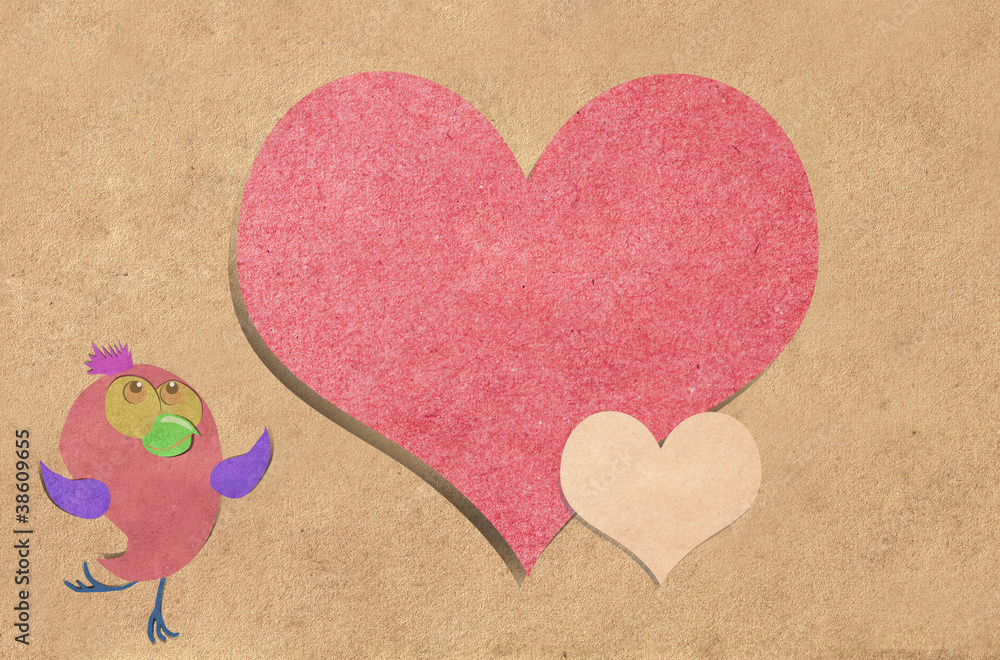 red heart and bird recycled paper craft . red heart and bird recycled paper craft .