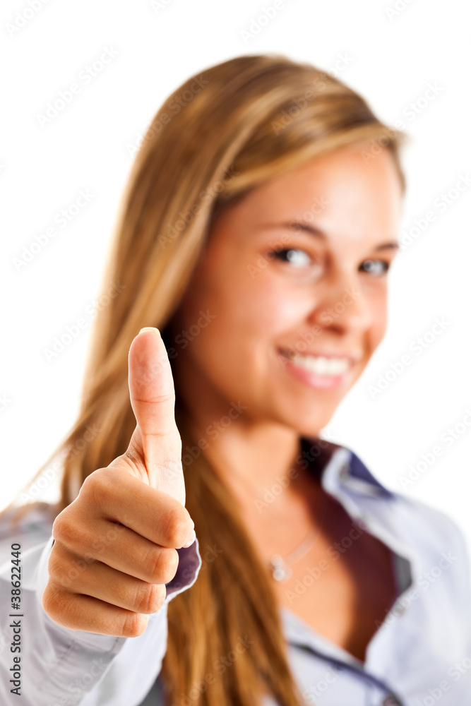 Businesswoman thumbs up isolated on white Businesswoman thumbs up isolated on white
