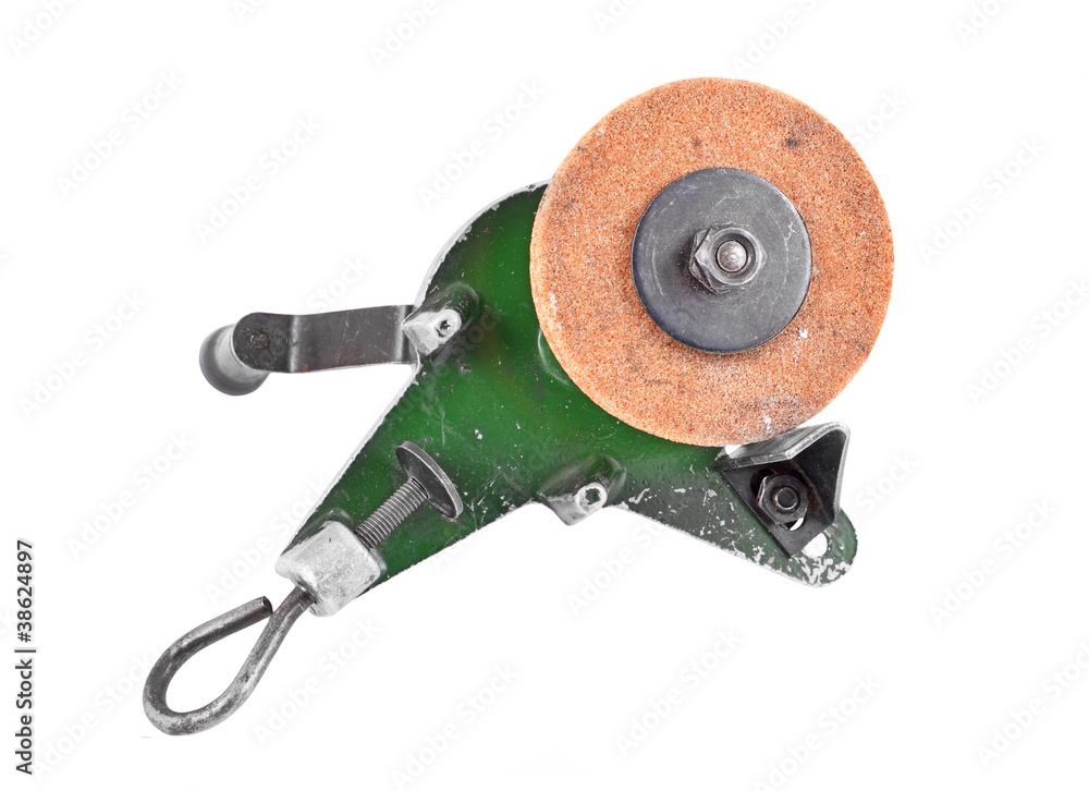 Mechanical grindstone with vice, isolated on white background Mechanical grindstone with vice, isolated on white background