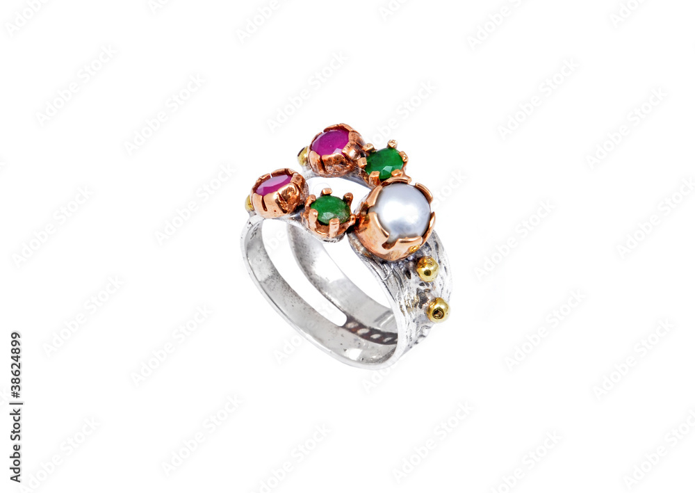 Silver ring with gem, isolated on white background Silver ring with gem, isolated on white background