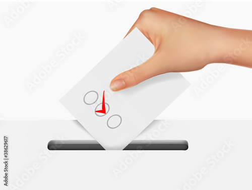 Hand putting a voting ballot in a slot of box. Vector.