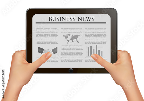 Hands holding digital tablet pc with business news.
