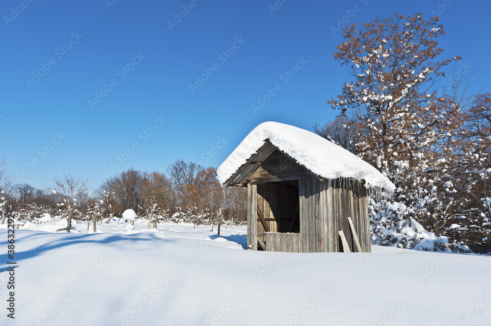 landscape with a hut covered with snow