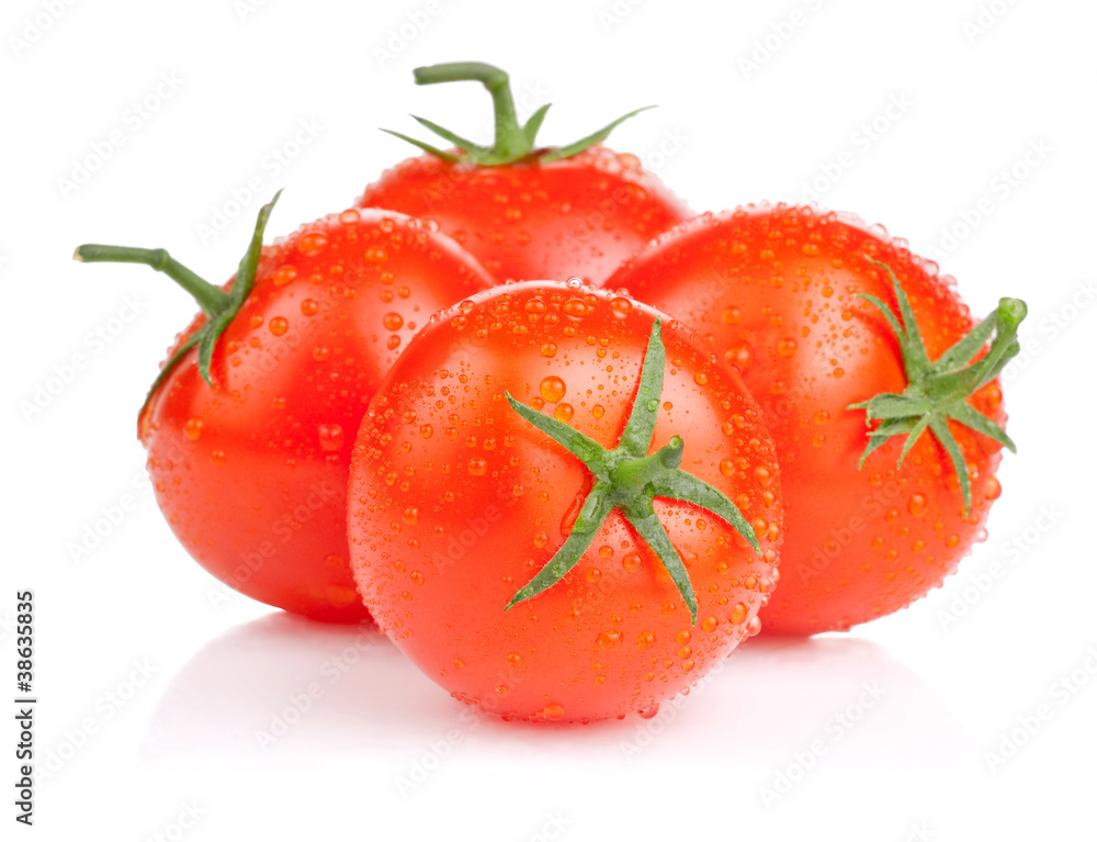 Four fresh juicy tomato with water droplets Isolated on white ba Four fresh juicy tomato with water droplets Isolated on white ba