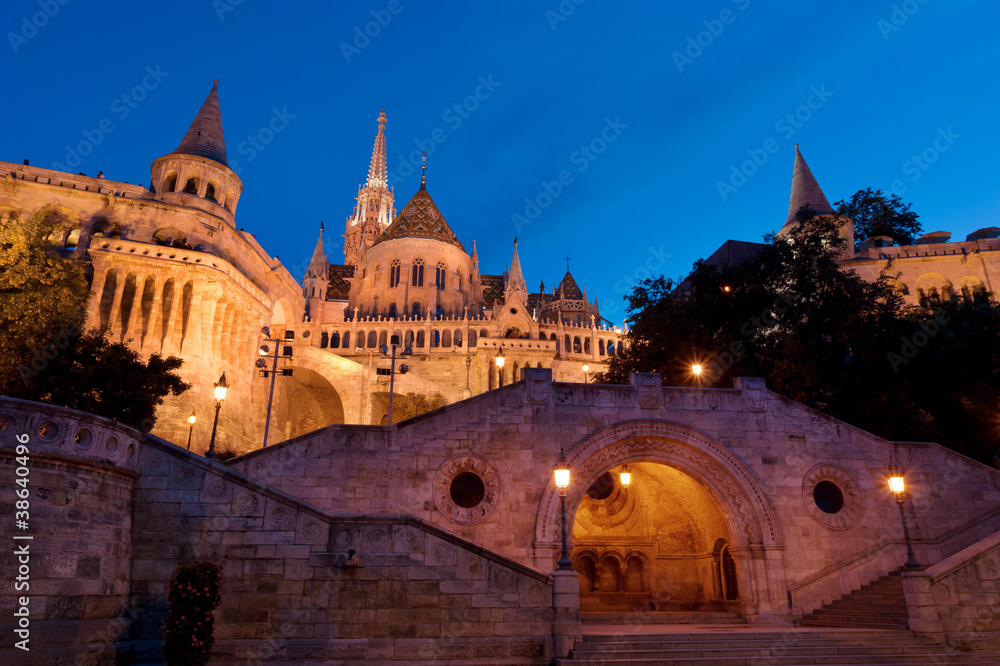Night scene of the Fisherman's Bastion in Budapest