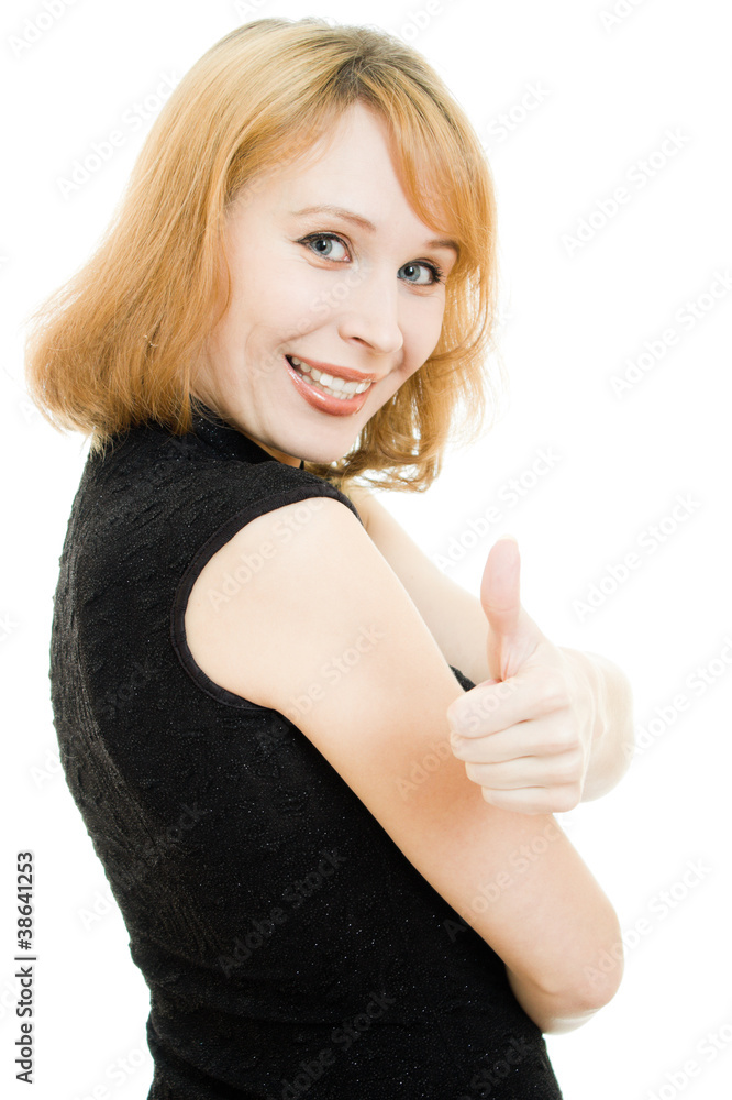 A woman shows a gesture okay on a white background A woman shows a gesture okay on a white background