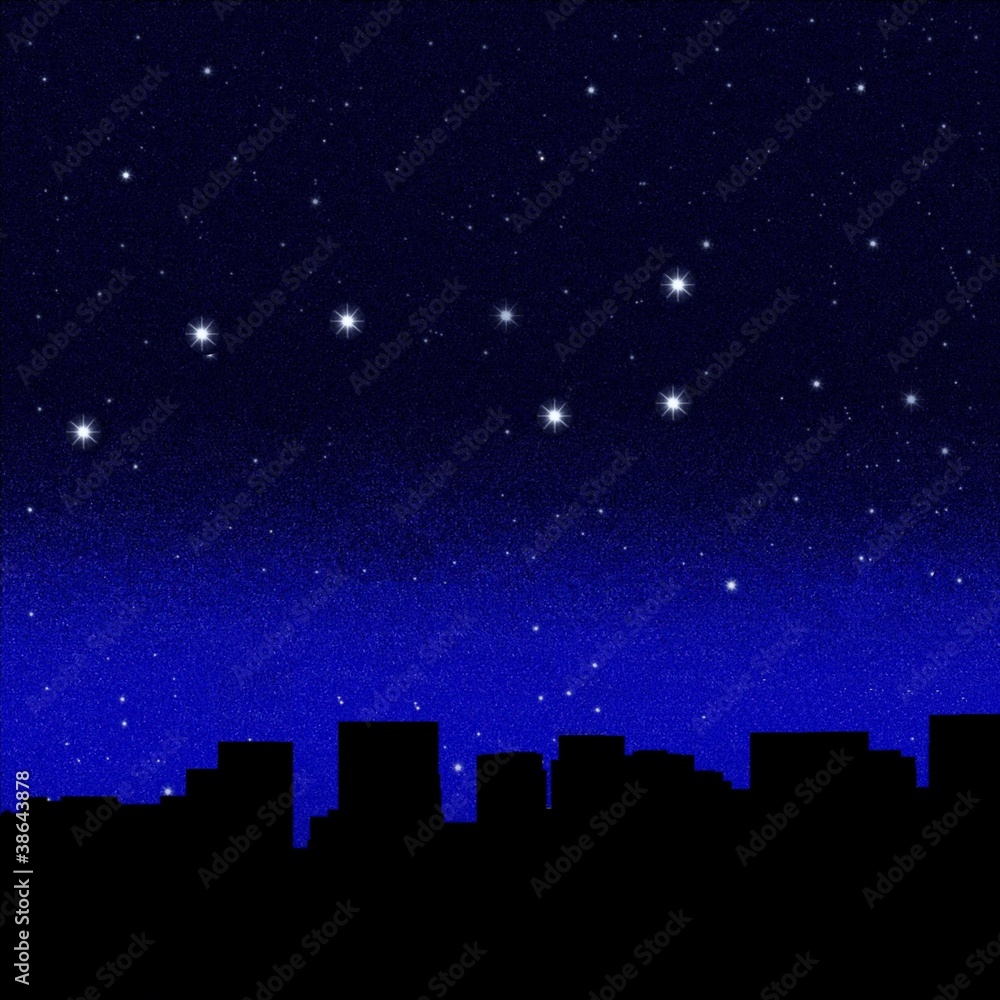 Black night sky plenty of stars with Great Bear over a  city