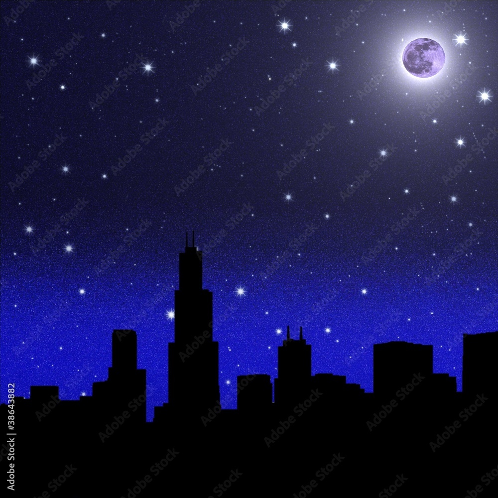 Moon and black starry sky over city