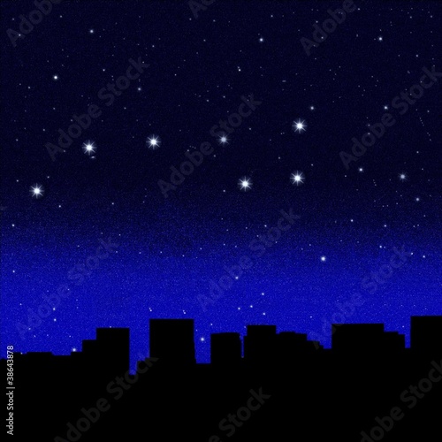 Black night sky plenty of stars with Great Bear over a  city