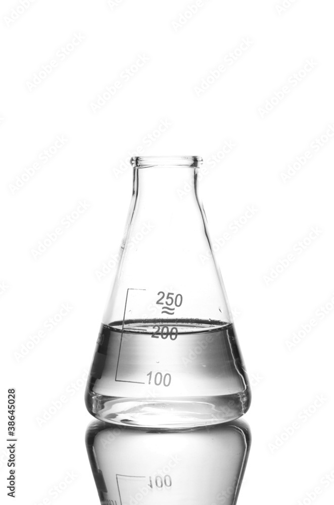 Flask with water and reflection isolated on white Flask with water and reflection isolated on white