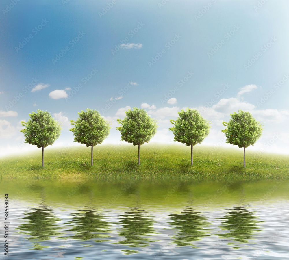 Fototapeta premium panorama of green field with a trees on blue sky background
