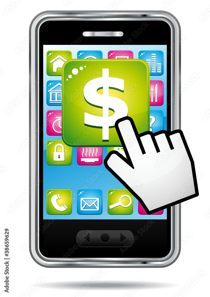 Hand cursor opening banking application on smartphone. Hand cursor opening banking application on smartphone.
