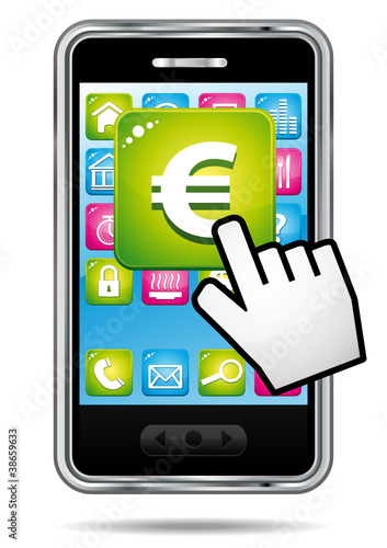 Hand cursor opening euro banking application on smartphone.