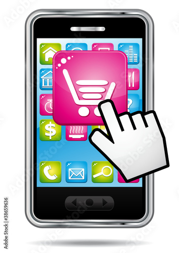 Hand cursor opening shopping application on smartphone.