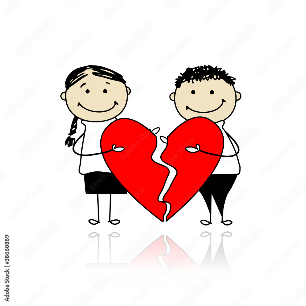 Valentine day. Couple with two parts of big red heart Valentine day. Couple with two parts of big red heart
