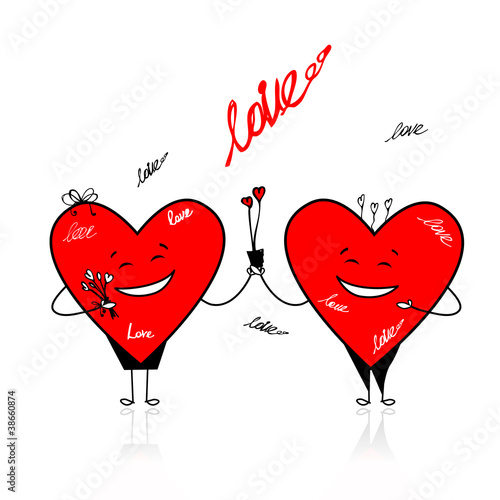 Valentine day. Funny hearts with bouquet for your design