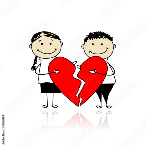 Valentine day. Couple with two parts of big red heart