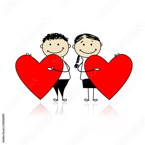 Valentine day. Couple with big red hearts for your design