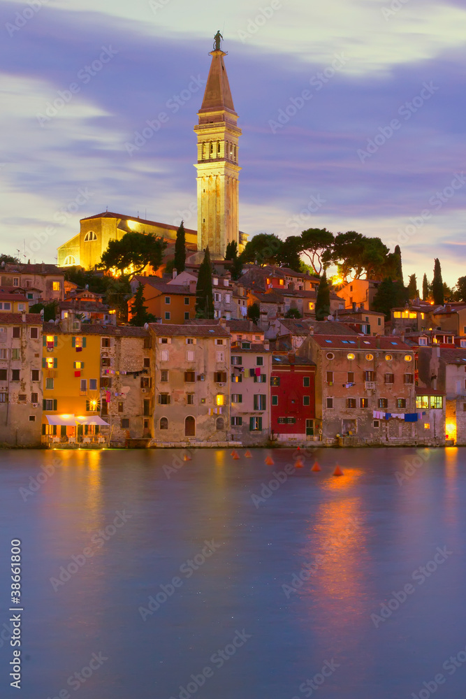 Cathedral of St. Euphemia in the old town Rovinj at night (Croat