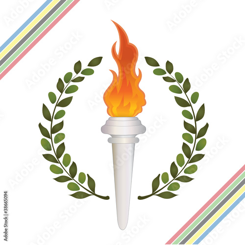 Burning Olympic torch and olive wreath