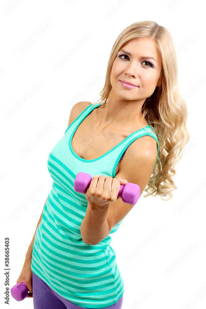 Beautiful girl with dumbbells isolated on white Beautiful girl with dumbbells isolated on white