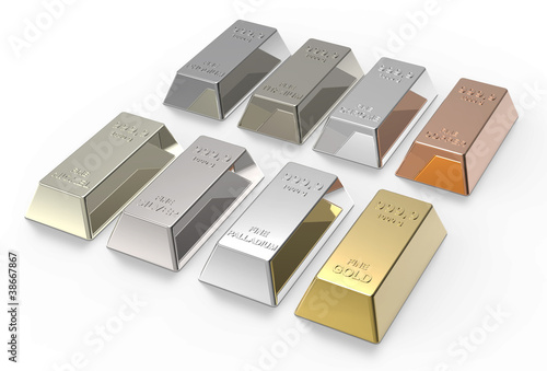 Set of valuable metals ingots isolated on white.