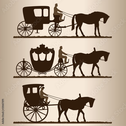 Leinwand Poster Silhouettes of horse-drawn carriages with riders.